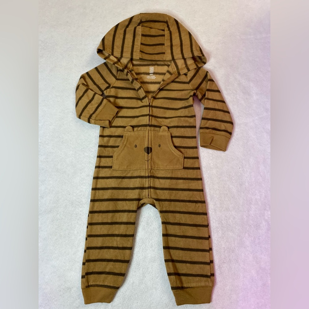Carter's Brown Striped one piece Pajama Hood front pocket full Zipper
Size 18m
